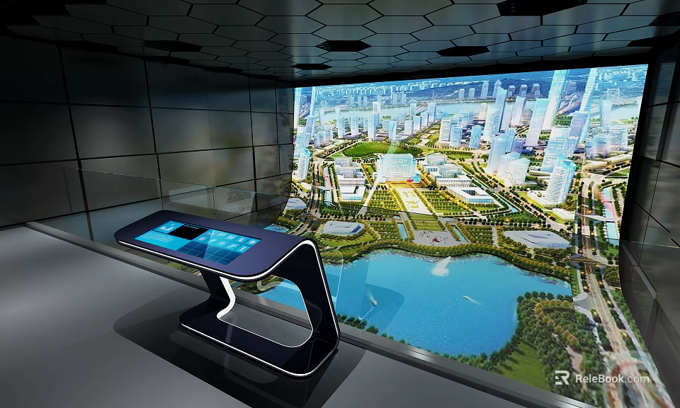 Modern Exhibition Hall Featuring Interactive Touch Table And City Planning 3D Projection Wall 3d model 