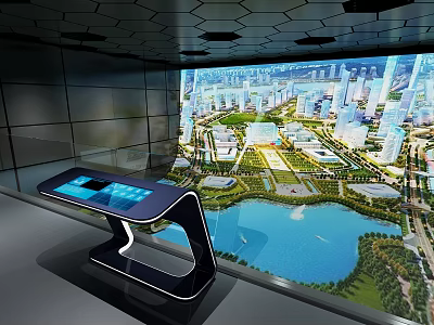 Modern Exhibition Hall Featuring Interactive Touch Table And City Planning 3D Projection Wall 3d model