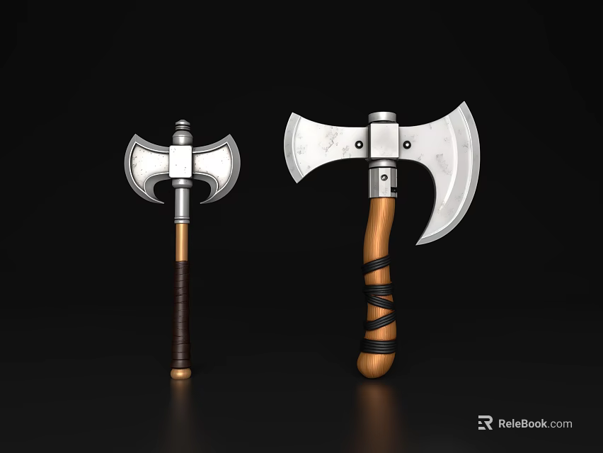 Medieval Weapon Two Axes with Metal Heads and Wrapped Wooden Handles 3d model 