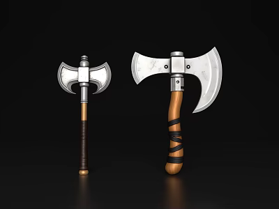 Medieval Weapon Two Axes with Metal Heads and Wrapped Wooden Handles 3d model