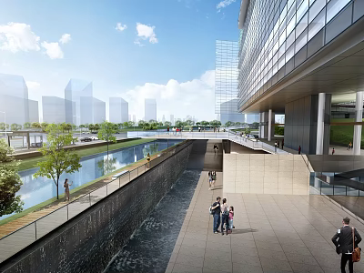 Modern Sales Office Building With Riverfront Trees Pedestrian Walkway And City View 3d model