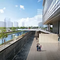 Modern Sales Office Building With Riverfront Trees Pedestrian Walkway And City View