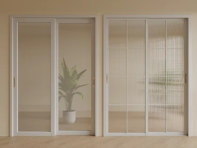 Modern Interior Sliding Doors With Transparent Glass And Grid Design And Potted Plant 3d model