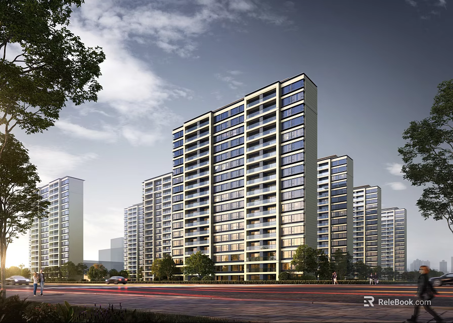 Modern High Rise Residential Building Surrounded by Trees Near Road with Pedestrians 3d model 