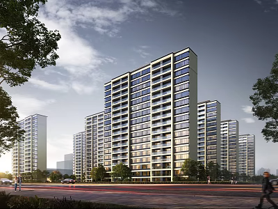 Modern High Rise Residential Building Surrounded by Trees Near Road with Pedestrians 3d model