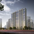 Modern High Rise Residential Building Surrounded by Trees Near Road with Pedestrians