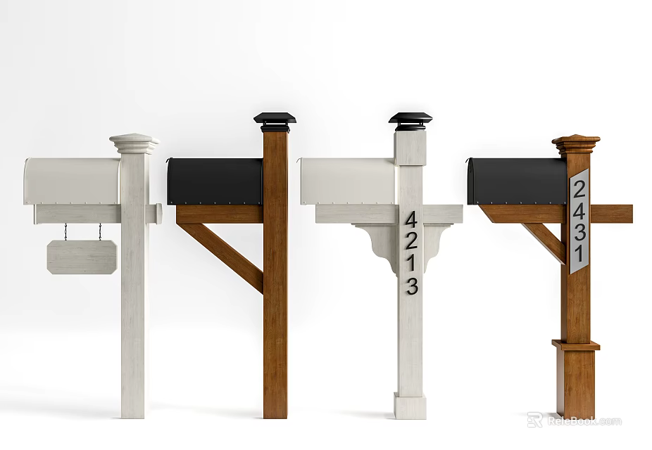 Public Facility Mailboxes With Different Designs White Brown Colors And House Numbers 3d model 