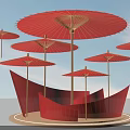 Multiple Red Umbrella Structures With Curved Base Against Blue Sky Background 3d model