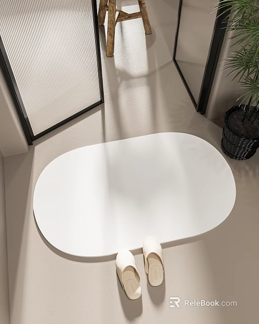Modern Bathroom Interior With White Oval Bathtub Beige Floor And Black Frame Frosted Glass Partition 3d model 