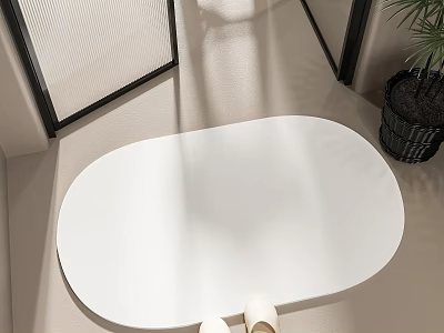 Modern Bathroom Interior With White Oval Bathtub Beige Floor And Black Frame Frosted Glass Partition 3d model