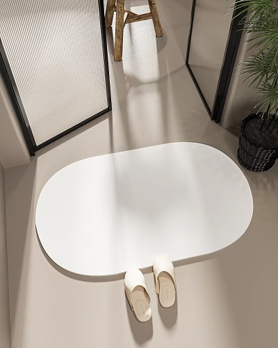 Modern Bathroom Interior With White Oval Bathtub Beige Floor And Black Frame Frosted Glass Partition 3d model