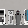 Modern Electric Vehicle Charging Stations With Various Designs And Digital Screens