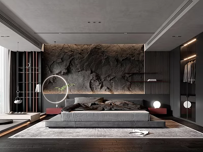 Modern Bedroom Interior Featuring Large Bed Textured Wall Round Pendant Light And Area Rug 3d model