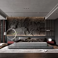 Modern Bedroom Interior Featuring Large Bed Textured Wall Round Pendant Light And Area Rug