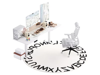 Modern Computer Desk with Dual Monitors White Chair Alphabet Rug and Desk Accessories 3d model