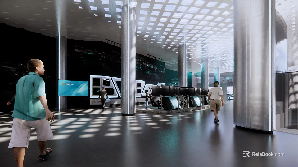 Modern Car Dealership Showroom With New Vehicle Display Customers And Bright Lighting 3d model 