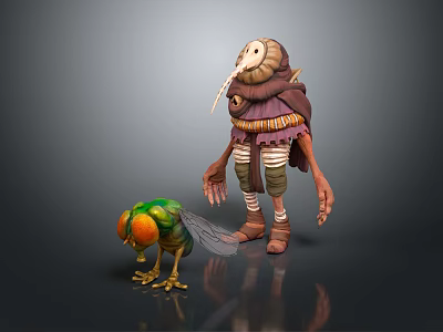 Game Movie Character With Tall Humanoid In Purple Robe Long Nose And Small Green Yellow Insect 3d model