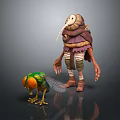 Game Movie Character With Tall Humanoid In Purple Robe Long Nose And Small Green Yellow Insect