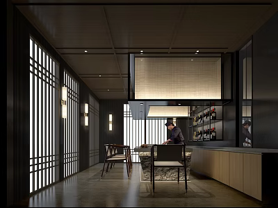 Traditional Japanese Restaurant Interior With Wooden Screens Warm Lighting And Cozy Dining Area 3d model