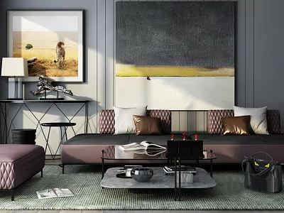 Modern Living Room Sofa Coffee Table Set With Decorative Pillows Artwork And Area Rug 3d model