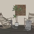 Wooden Rocking Chairs With Woven Design In Interior Featuring Potted Plant And Decorative Art