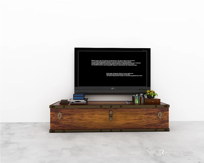 Vintage Wooden TV Stand With Flat Screen TV Books And Small Potted Plant 3d model 
