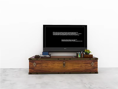 Vintage Wooden TV Stand With Flat Screen TV Books And Small Potted Plant 3d model