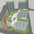Modern Hotel Building With Tall Towers Greenery And Roof Gardens Along Urban Street With Pedestrians 3d model
