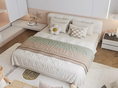 Cozy Kids Bed Design With Soft Bedding Pillows Nightstand And Stuffed Toy 3d model