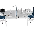 Modern White Office Desk Workspace With Blue Chairs Computers And File Cabinets