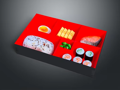 Colorful Sushi Bento Box With Fresh Sashimi Rolls Egg And Cheese Sticks 3d model