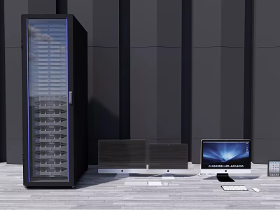 Modern Computer Server Rack With Desktop Monitor And Professional Equipment 3d model