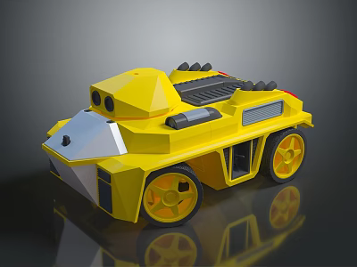 Bright Yellow Tank Shaped Toy Car With Black Details And Rolling Wheels 3d model