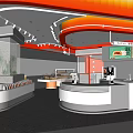 Modern Milk Tea Shop Interior With Curved Orange Yellow Ceiling White Counters Drinks Snacks