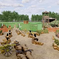 Outdoor Simulated Battlefield Setup With Camouflage Netting Sandbags Wooden Barrels Red Brick Walls And Watchtower