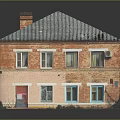 Vintage Red Brick Building Exterior With Gray Roof Red Door Multiple Windows And Chimney