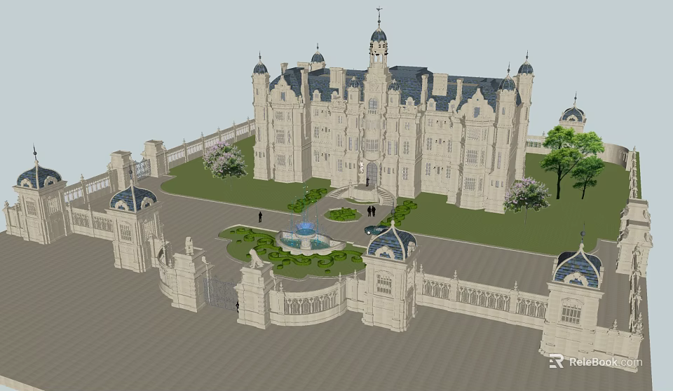 Majestic Castle Style Building With Ornate Gates Central Fountain And Lush Green Lawn 3d model 
