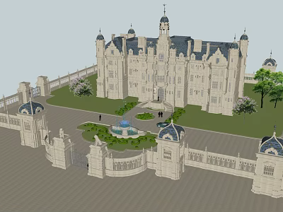 Majestic Castle Style Building With Ornate Gates Central Fountain And Lush Green Lawn 3d model