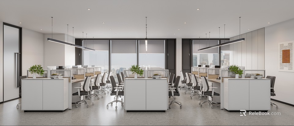 Modern Public Office Space With Open Layout Desks Office Chairs Green Plants And Large Windows 3d model 