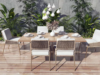 Outdoor Dining Table Set With Woven Chairs Hanging Lights And Green Plants On Wooden Deck 3d model