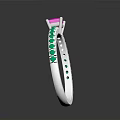 Silver Band Ring With Purple Center Gemstone And Green Side Stones