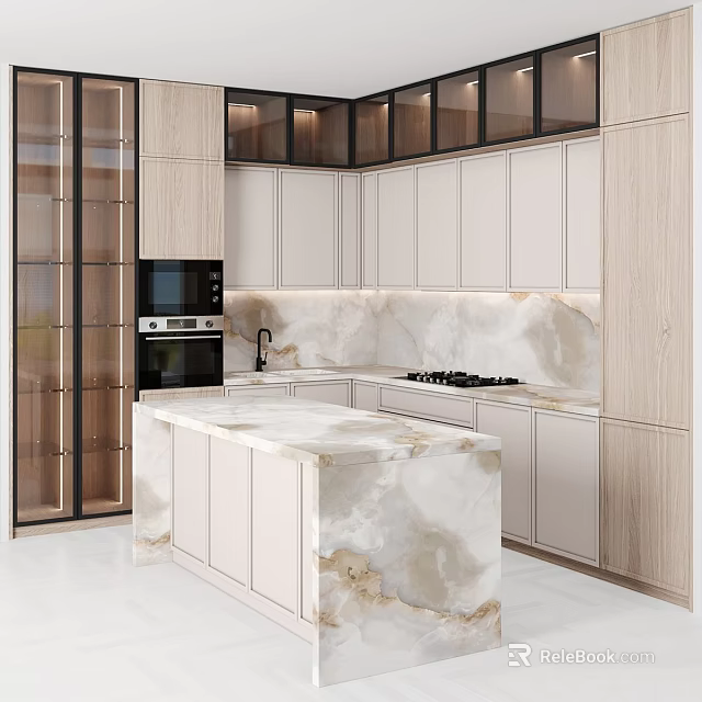 Stylish Modern Kitchen Interior With White Cabinets And Marble Island Countertop 3d model 