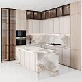 Stylish Modern Kitchen Interior With White Cabinets And Marble Island Countertop