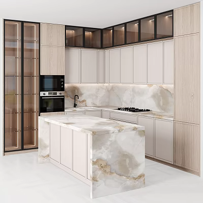 Stylish Modern Kitchen Interior With White Cabinets And Marble Island Countertop 3d model