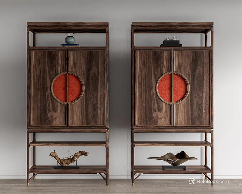 Chinese Style Wooden Entryway Side Cabinet with Circular Red Panels Decorative Top and Bottom Shelf 3d model 