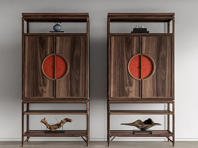 Chinese Style Wooden Entryway Side Cabinet with Circular Red Panels Decorative Top and Bottom Shelf 3d model
