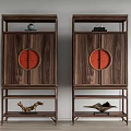Chinese Style Wooden Entryway Side Cabinet with Circular Red Panels Decorative Top and Bottom Shelf