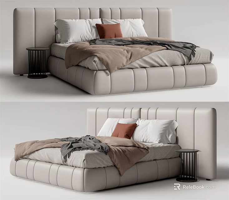 Modern Upholstered Double Bed With Neutral Tones Decorative Pillows And Throw Blanket 3d model