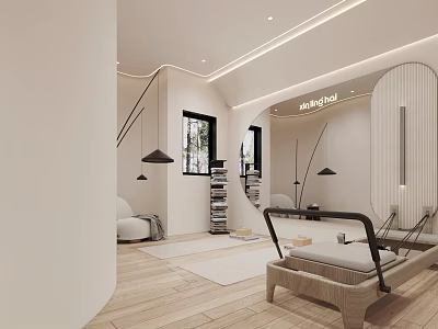 Bright Modern Fitness Studio Interior With Pilates Equipment And Wooden Floors 3d model