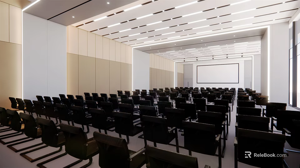 Spacious Modern Conference Room With Neatly Arranged Black Chairs And Large Projection Screen 3d model 